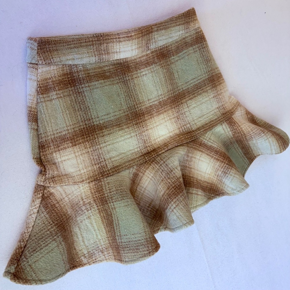 Moodie Tan Plaid Ruffle Mini Skirt Small Cottagecore Flowy Hem
